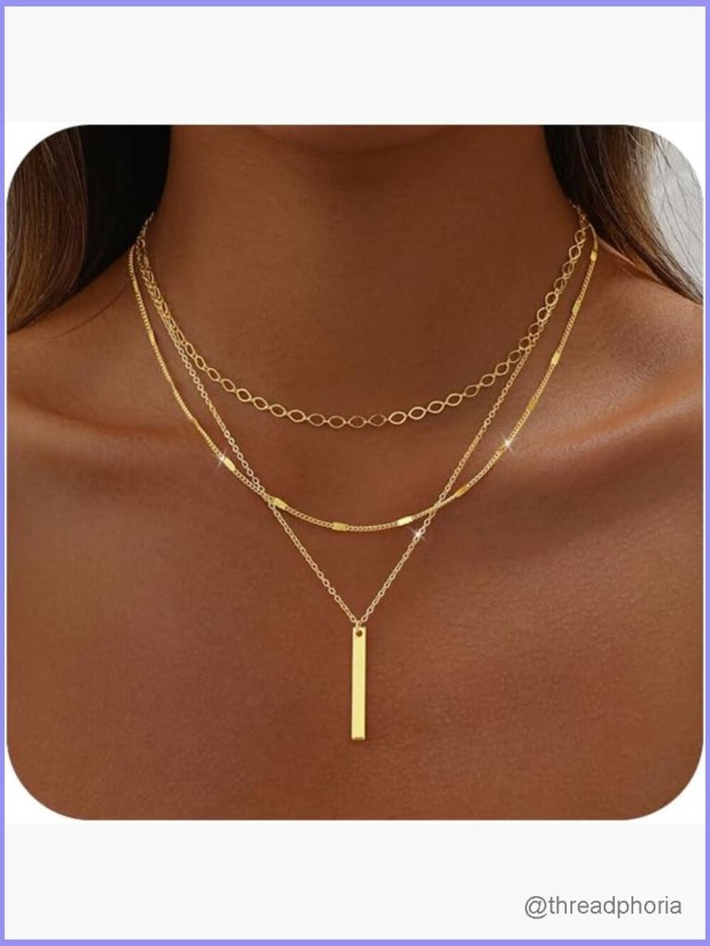 Layered Cross Bar Necklace Herringbone Figaro Chains Set 14K Gold Plated Non
